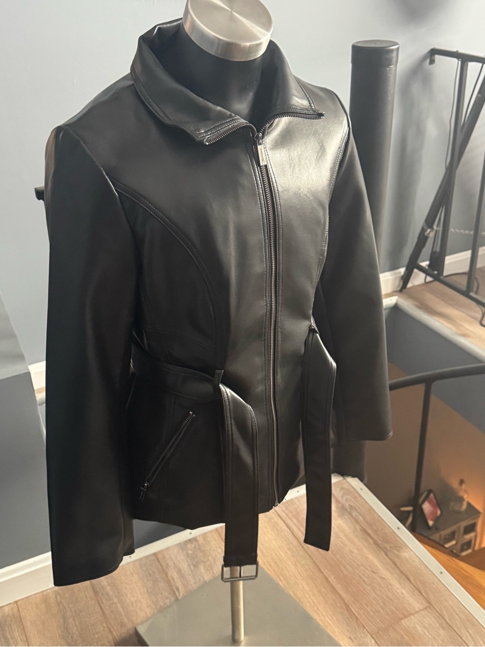 Kenneth Cole Black Faux Leather Belted Zip Jacket